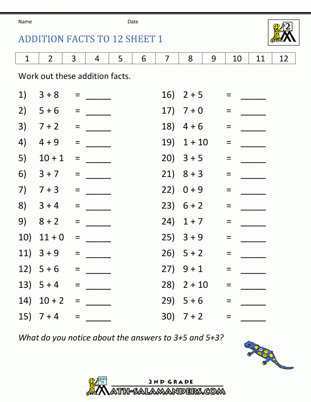 Learning Addition Facts To 12 Learning Addition Facts To 12