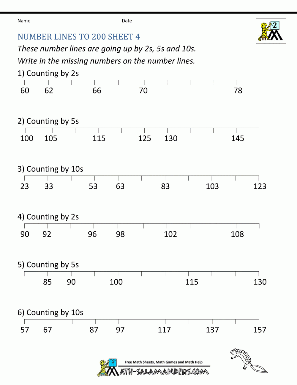 2nd Grade Number Line Worksheets