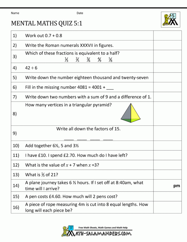 Mental Maths Practise Year 5 Worksheets